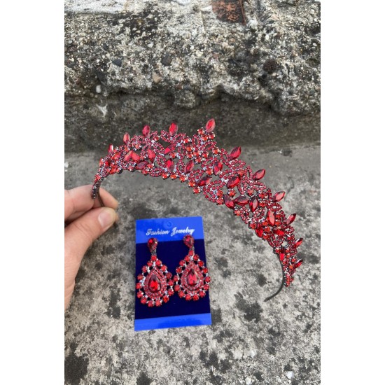 Clara Kırmızı Gelin Kına Tacı Özel Gün Aksesuar Kadın Taç Ve Damla Mekik Küpe Takımı-NEWTAC-25 Clara Kırmızı Gelin Kına Tacı Özel Gün Aksesuar Kadın Taç Ve Damla Mekik Küpe Takımı-NEWTAC-25
