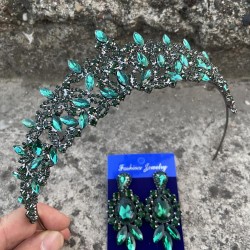 Clara Yeşil Gelin Kına Tacı Özel Gün Aksesuar Kadın Taç Ve Üç Mekik Küpe Takımı-NEWTAC-29 Clara Yeşil Gelin Kına Tacı Özel Gün Aksesuar Kadın Taç Ve Üç Mekik Küpe Takımı-NEWTAC-29