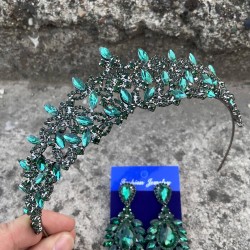 Clara Yeşil Gelin Kına Tacı Özel Gün Aksesuar Kadın Taç Ve Geniş Mekik Küpe Takımı-NEWTAC-30 Clara Yeşil Gelin Kına Tacı Özel Gün Aksesuar Kadın Taç Ve Geniş Mekik Küpe Takımı-NEWTAC-30