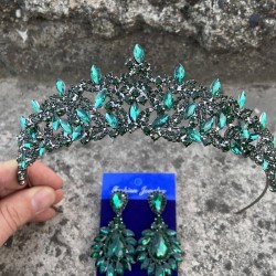 Clara Yeşil Gelin Kına Tacı Özel Gün Aksesuar Kadın Taç Ve Geniş Mekik Küpe Takımı-NEWTAC-30 Clara Yeşil Gelin Kına Tacı Özel Gün Aksesuar Kadın Taç Ve Geniş Mekik Küpe Takımı-NEWTAC-30