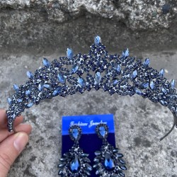 Clara Lacivert Gelin Kına Tacı Özel Gün Aksesuar Kadın Taç Ve Geniş Mekik Küpe Takımı-NEWTAC-34 Clara Lacivert Gelin Kına Tacı Özel Gün Aksesuar Kadın Taç Ve Geniş Mekik Küpe Takımı-NEWTAC-34