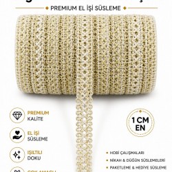 Krem Gold Işıltılı Nexlora &Ouml;rg&uuml; Dokulu Dekoratif Şerit &ndash; Premium El İşi S&uuml;sleme 1 Metre-NEXLORA-1