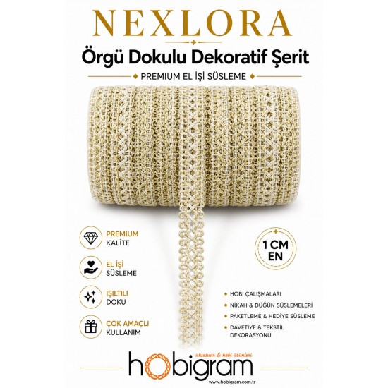 Krem Gold Işıltılı Nexlora &Ouml;rg&uuml; Dokulu Dekoratif Şerit &ndash; Premium El İşi S&uuml;sleme 1 Metre-NEXLORA-1