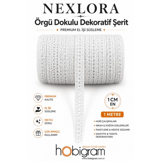 Beyaz Nexlora &Ouml;rg&uuml; Dokulu Dekoratif Şerit &ndash; Premium El İşi S&uuml;sleme 1 Metre-NEXLORA-2