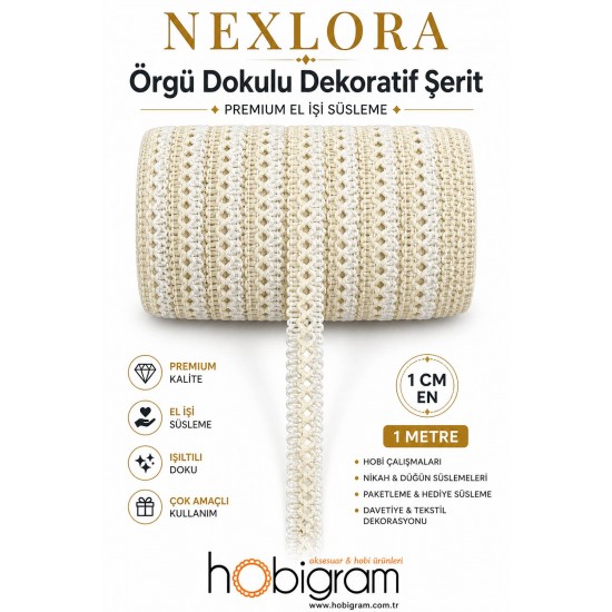 Koyu Krem Nexlora &Ouml;rg&uuml; Dokulu Dekoratif Şerit &ndash; Premium El İşi S&uuml;sleme 1 Metre-NEXLORA-3