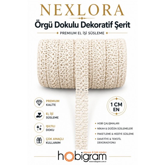 Krem Nexlora &Ouml;rg&uuml; Dokulu Dekoratif Şerit &ndash; Premium El İşi S&uuml;sleme 1 Metre-NEXLORA-5