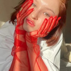 Kırmızı Dirsek Boy Transparan Gelinlik Eldiveni Kostüm Aksesuarı-NIKAHTAKIMI-123