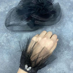 Siyah Vualet Nikah Şapkası Saç Aksesuarı Ve Havin Tüylü Bilek Aksesuarı-NIKAHTAKIMI-139