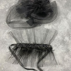 Siyah Vualet Nikah Şapkası Saç Aksesuarı Ve Seren Tüylü Bilek Aksesuarı-NIKAHTAKIMI-140