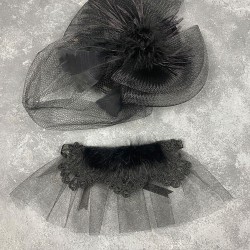 Siyah Vualet Nikah Şapkası Saç Aksesuarı Ve Savin Tüylü Bilek Aksesuarı-NIKAHTAKIMI-141