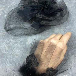 Siyah Vualet Nikah Şapkası Saç Aksesuarı Ve Savin Tüylü Bilek Aksesuarı-NIKAHTAKIMI-141