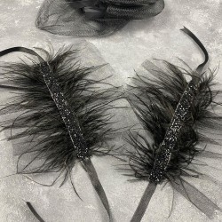 Siyah Vualet Nikah Şapkası Saç Aksesuarı Ve Asvel Tüylü Çift Bilek Aksesuarı-NIKAHTAKIMI-143