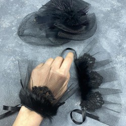 Siyah Vualet Nikah Şapkası Saç Aksesuarı Ve Havin Tüylü Çift Bilek Aksesuarı-NIKAHTAKIMI-144