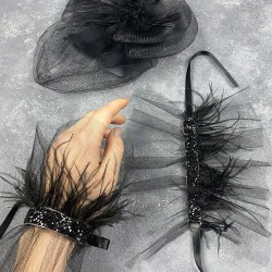Siyah Vualet Nikah Şapkası Saç Aksesuarı Ve Seren Tüylü Çift Bilek Aksesuarı-NIKAHTAKIMI-147