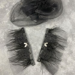 Siyah Vualet Nikah Şapkası Saç Aksesuarı Ve Havin Taşlı Çift Bilek Aksesuarı-NIKAHTAKIMI-148