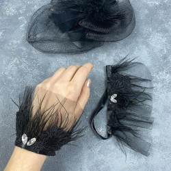 Siyah Vualet Nikah Şapkası Saç Aksesuarı Ve Havin Taşlı Çift Bilek Aksesuarı-NIKAHTAKIMI-148