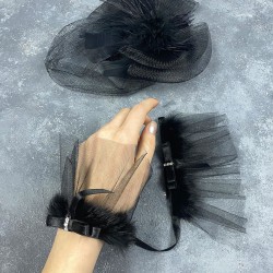 Siyah Vualet Nikah Şapkası Saç Aksesuarı Ve Lina Çift Bilek Aksesuarı-NIKAHTAKIMI-149