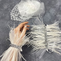 Beyaz Vualet Nikah Şapkası Saç Aksesuarı Ve Asvel Tüylü Çift Bilek Aksesuarı-NIKAHTAKIMI-152