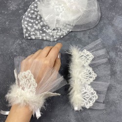 Beyaz Vualet Nikah Şapkası Saç Aksesuarı Ve Havin Tüylü Çift Bilek Aksesuarı-NIKAHTAKIMI-153