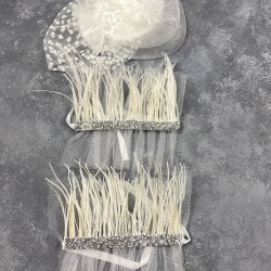 Beyaz Vualet Nikah Şapkası Saç Aksesuarı Ve Seren Tüylü Çift Bilek Aksesuarı-NIKAHTAKIMI-155