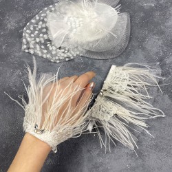 Beyaz Vualet Nikah Şapkası Saç Aksesuarı Ve Havin Taşlı Çift Bilek Aksesuarı-NIKAHTAKIMI-156