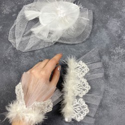 Beyaz Vualet Nikah Şapkası Saç Aksesuarı Ve Lavinia Çift Bilek Aksesuarı-NIKAHTAKIMI-157