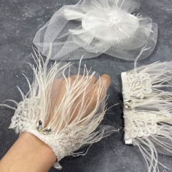 Vualet Nikah Şapkası Gelin Saç Aksesuarı Ve Seren Tüylü Çift Bilek Aksesuarı-NIKAHTAKIMI-162