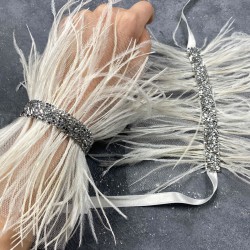 Asvel Parlak Taşlı Beyaz Tüylü Çift Gelin Bilek Aksesuarı-NIKAHTAKIMI-165