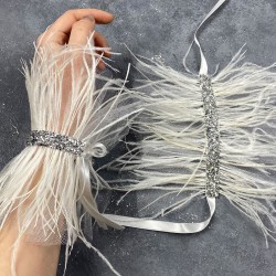 Asvel Parlak Taşlı Beyaz Tüylü Çift Gelin Bilek Aksesuarı-NIKAHTAKIMI-165