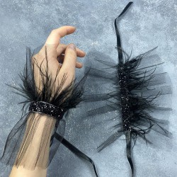 Seren Tüylü Siyah Gelin Bilek Çift El Aksesuarı-NIKAHTAKIMI-171