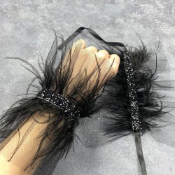 Asvel Parlak Taşlı Siyah Tüylü Çift Gelin Bilek Aksesuarı-NIKAHTAKIMI-173