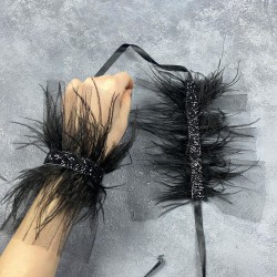 Asvel Parlak Taşlı Siyah Tüylü Çift Gelin Bilek Aksesuarı-NIKAHTAKIMI-173