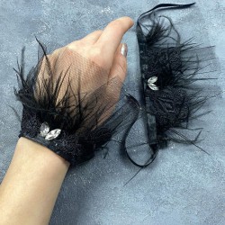 Havin Dantel Tüylü Siyah Çift Gelin Bileklik El Aksesuarı-NIKAHTAKIMI-174