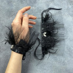 Havin Dantel Tüylü Siyah Çift Gelin Bileklik El Aksesuarı-NIKAHTAKIMI-174