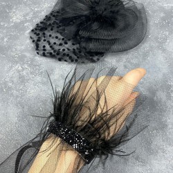 Puantiyeli Siyah Nikah Kepi Ve Seren Tüylü Bilek Aksesuarı-NIKAHTAKIMI-177