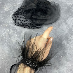 Puantiyeli Siyah Nikah Kepi Ve Seren Tüylü Bilek Aksesuarı-NIKAHTAKIMI-177