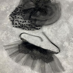 Puantiyeli Siyah Nikah Kepi Ve Lavin Tüylü Bilek Aksesuarı-NIKAHTAKIMI-178