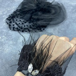 Puantiyeli Siyah Nikah Kepi Ve Savin Taşlı Tüylü Bilek Gelin Aksesuarı-NIKAHTAKIMI-180