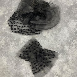 Puantiyeli Siyah Nikah Kepi Ve Hera Bilek Gelin Aksesuarı-NIKAHTAKIMI-182