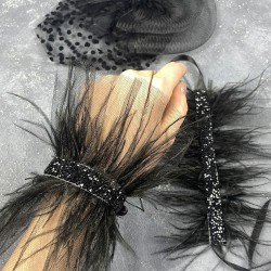 Puantiyeli Siyah Nikah Kepi Ve Asvel Tüylü Çift Bilek Gelin Aksesuarı-NIKAHTAKIMI-184