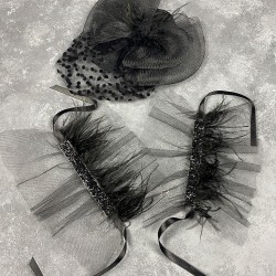 Puantiyeli Siyah Nikah Kepi Ve Seren Tüylü Çift Bilek Aksesuarı-NIKAHTAKIMI-186