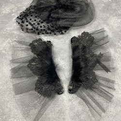 Puantiyeli Siyah Nikah Kepi Ve Savin Tüylü Bilek Gelin Aksesuarı-NIKAHTAKIMI-187