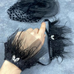 Puantiyeli Siyah Nikah Kepi Ve Savin Taşlı Tüylü Çift Bilek Gelin Aksesuarı-NIKAHTAKIMI-188