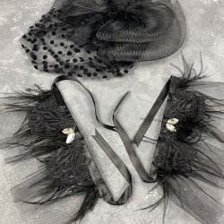 Puantiyeli Siyah Nikah Kepi Ve Savin Taşlı Tüylü Çift Bilek Gelin Aksesuarı-NIKAHTAKIMI-188