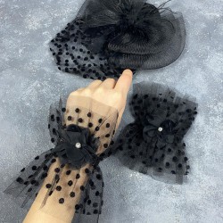 Puantiyeli Siyah Nikah Kepi Ve Hera Taşlı Çift Bilek Gelin Aksesuarı-NIKAHTAKIMI-190