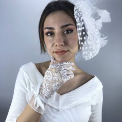 Beyaz Fiyonklu Dantelli Gelin Eldiveni Ve Vualet Takımı-NIKAHTAKIMI-31