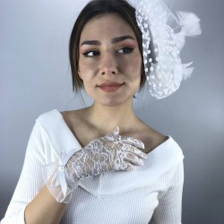 Beyaz Fiyonklu Dantelli Gelin Eldiveni Ve Vualet Takımı-NIKAHTAKIMI-31