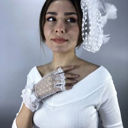 Beyaz Kısa Parmak Gelin Eldiveni Ve Vualet Takımı-NIKAHTAKIMI-32