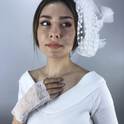Beyaz Kısa Desenli Gelin Eldiveni Ve Vualet Takımı-NIKAHTAKIMI-33