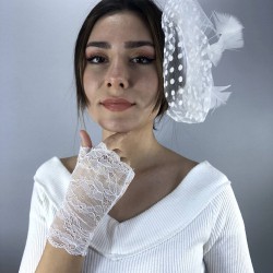 Beyaz Kısa Desenli Gelin Eldiveni Ve Vualet Takımı-NIKAHTAKIMI-33